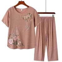 ladies short sleeve t shirt top pants floral print loose loungewear homewear mom middle age suit