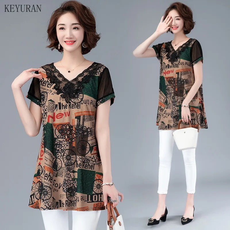 Women Summer V-Neck Lace Blouses Multicolor Print Shirts Lady Casual Short Sleeve Female Plus Size Blusas Tops | Женская одежда