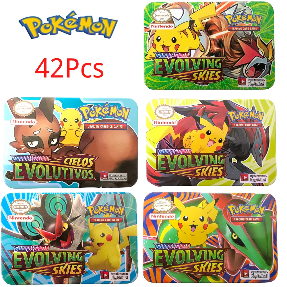42 Pcs / Set Pokemon Cards Iron Box TAKARA TOMY Games Battle Styles Collectibles Game Collection Anime Cards For Kids