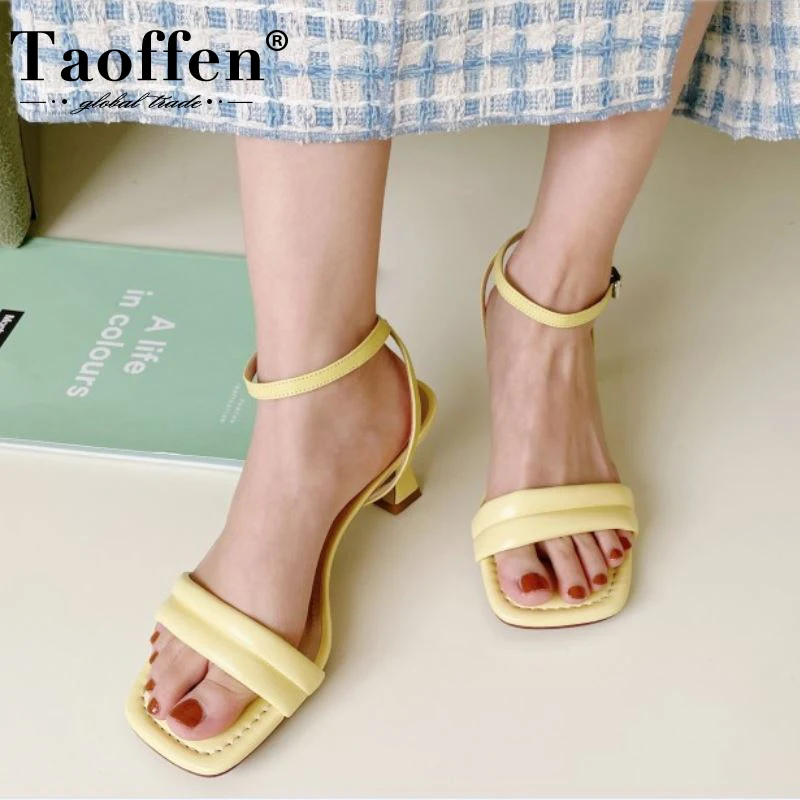 

Taoffen Women Sandals Real Leather Summer Women Shoes Fashion Strange Heels Square Toe Dress Ladies Footwear Size 34-40