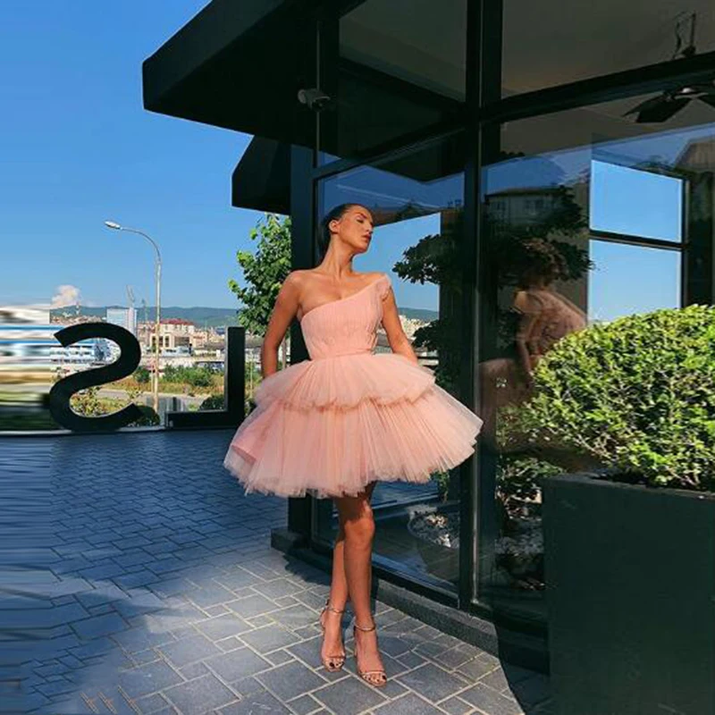 

Pink Short Ball Gown Formal Dress Elegant One Shoulder Layered Tulle Prom Gown Custom Fashion Evening Party Tulle Vestidos