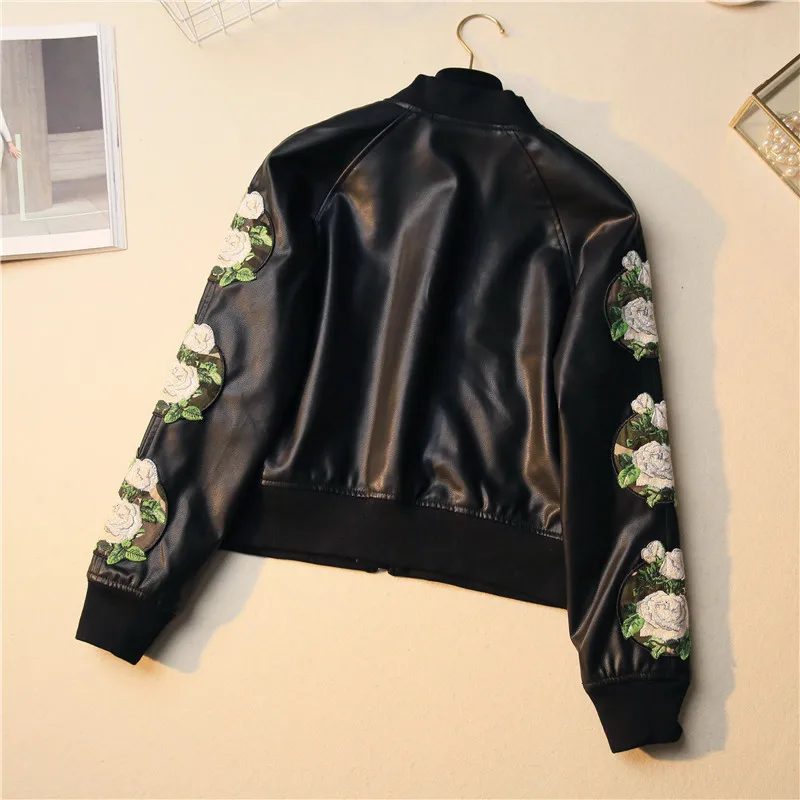 

2019 New Women fashion Elegant women's PU leather jacket Leisure loose embroidered large size short coat cc849