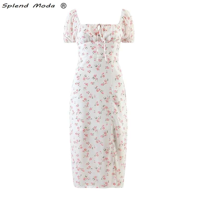 

Splend Moda French Vintage Puff Sleeve Bodycon Skirt Hem Slit Summer Women Short Sleeve Square Collar Floral Long Dress Fashion