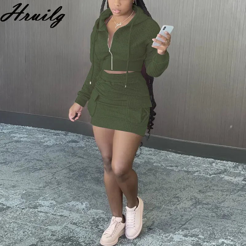 

Skirt and Hooded Top Sets Zipper Casual Pockets Women Two Piece Outfits Office Lady Solid Color Slim Long Sleeve Vetement Femme