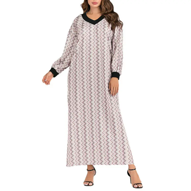 

Women Abaya Muslim Long Sleeve Maxi Dress Islamic Casual Printed Baggy V-Neck Dresses Muslim Dress Women Islamic Clothing