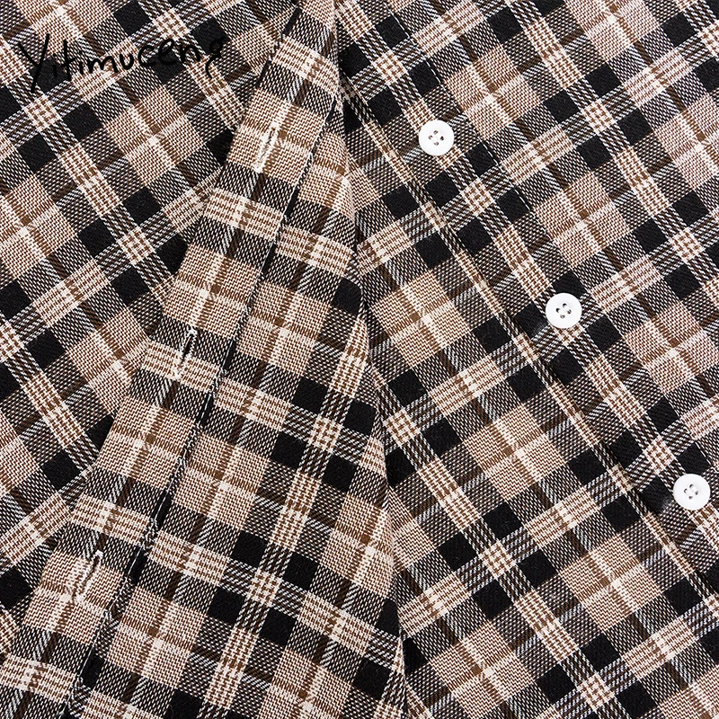 

Yitimuceng Plaid Blouse Women Khaki Office Lady Plus Size Shirts Spring Casual Vintage Clothing Turn-Down Collar Streetwear New