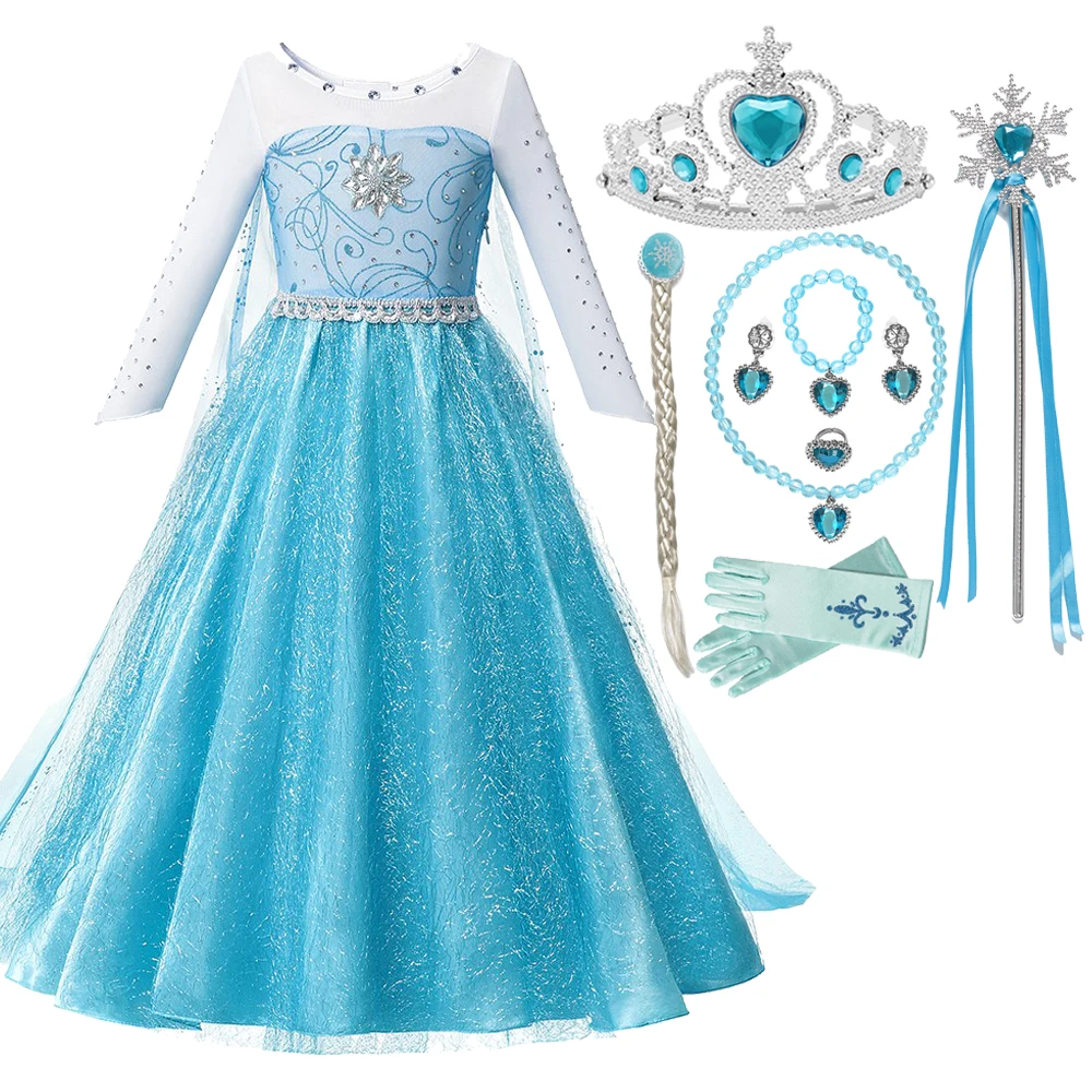 2021 New Frozen Elsa Dress Girls Summer Dress Princess Cosplay Costume For Kids Christmas Birthday Fancy Party Halloween Outfits
