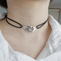 harajuku stainless steel handcuff choker necklace cool red black rope adjustable les menottes cord neck for women party gift