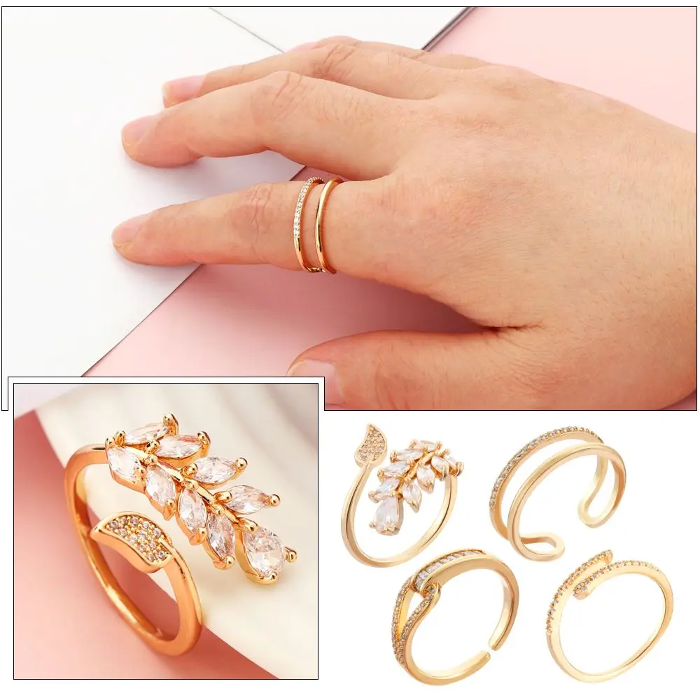 

Romantic Zircon Copper Jewelry Adjustable Leaves Shape Open Design Ring