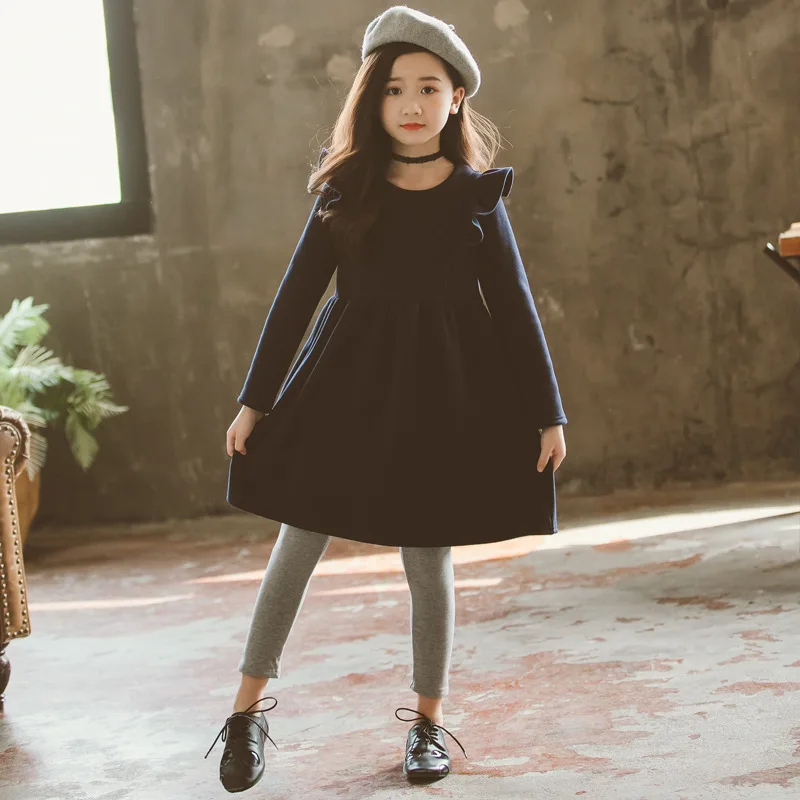 Teen Clothes Winter 2019 Fall Velvet Thick Korean Warm Long Sleeve Princess Kid School Dress Black for Girls 5 - 17 Year | Детская