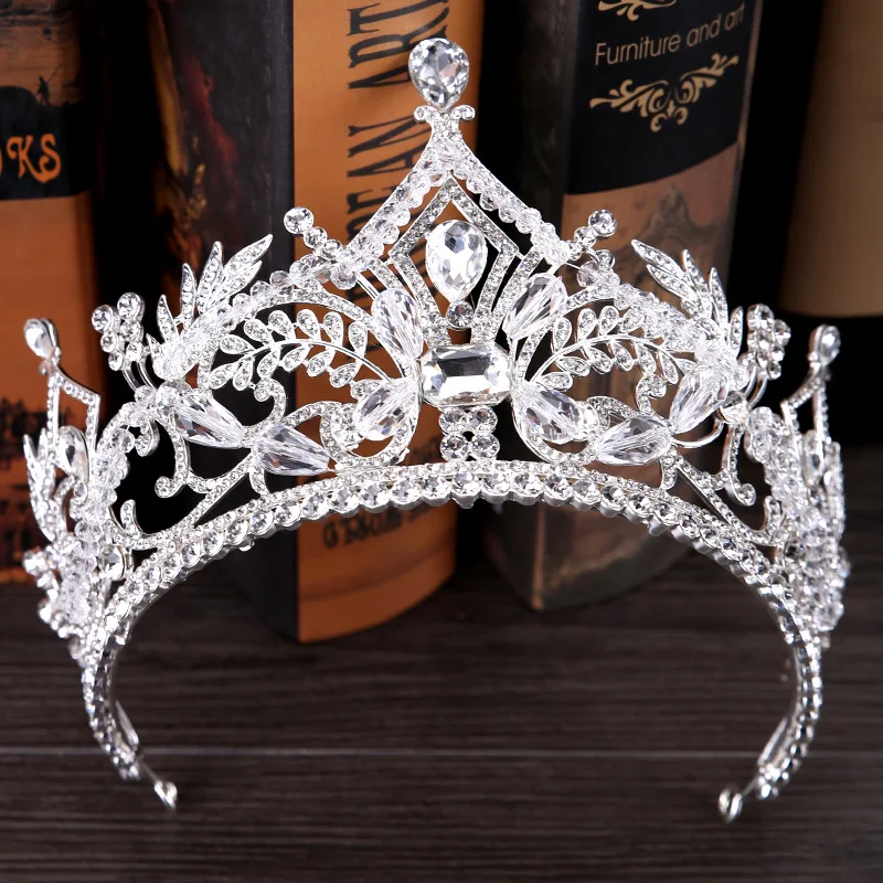 

Big Luxury Europe Bride Crown Alloy Crystal Hair Accessories Wedding Headwear Leaf Headdress Glass Rhinestone Tiaras Ornament
