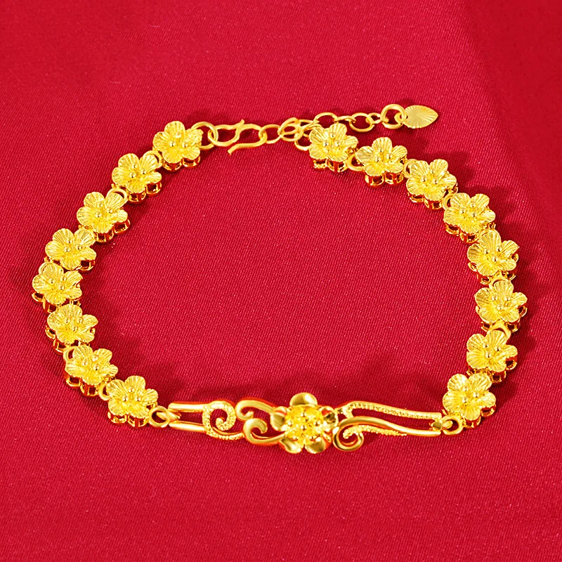 

24k Yellow Gold Bracelet for Women Vietnam Sand Gold Flowers Shaped Hand Chain Wedding Engagement Valentine's Day Jewelry Gifts