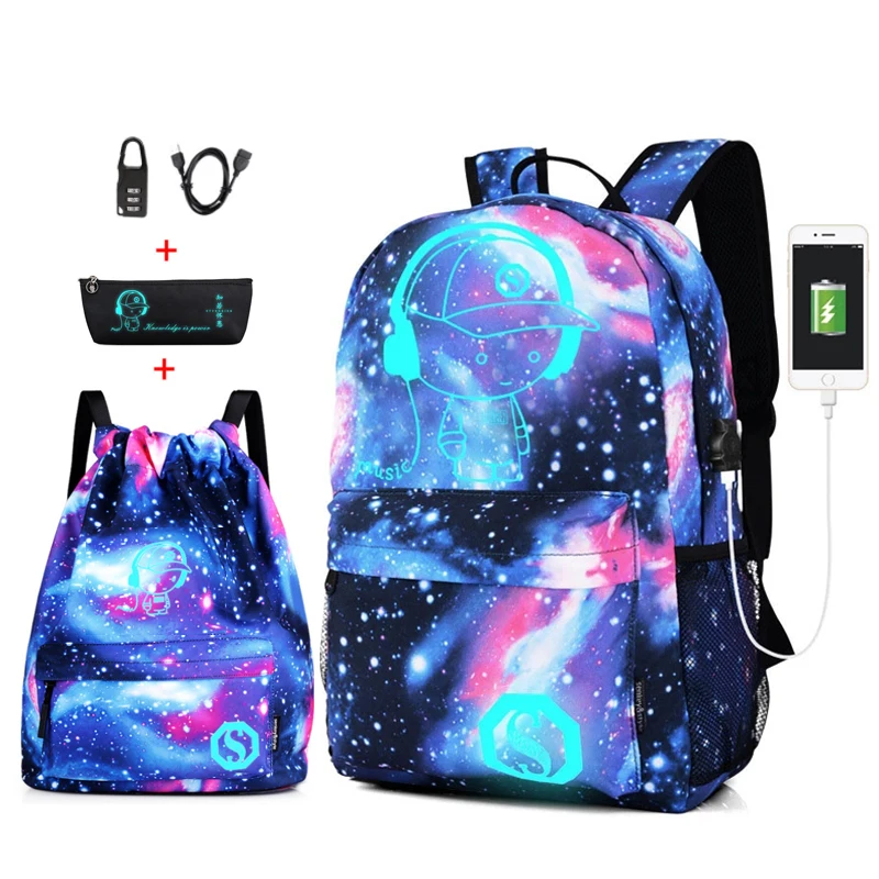 Рюкзак-Антивор для девочек, светящийся, школьный, с USB-портом для зарядки и замком, школьные ранцы для мальчиков от AliExpress WW