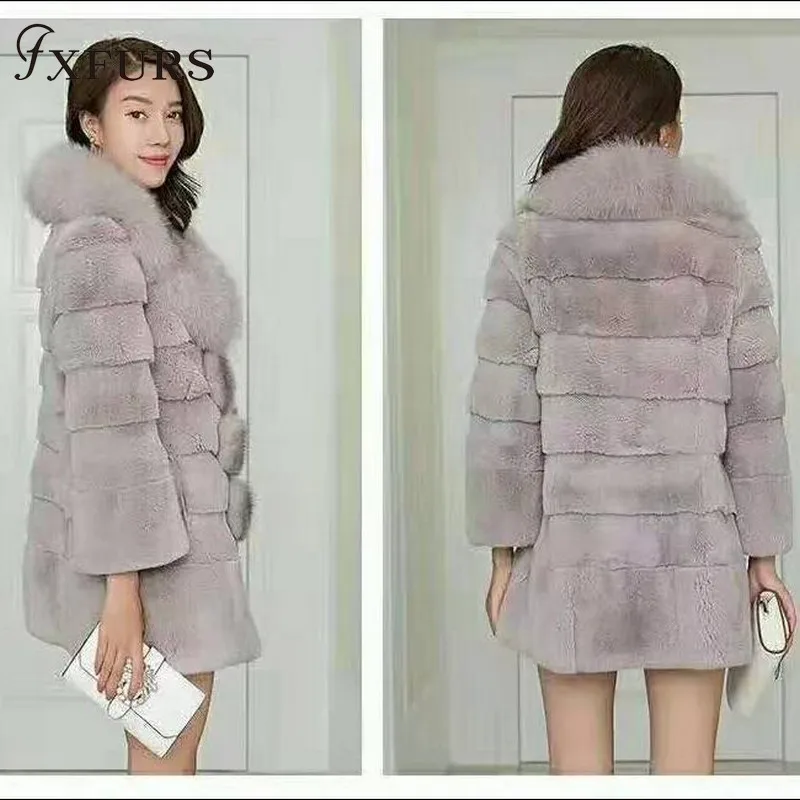 2020FXFURS New Winter Warm Rex Rabbit Fur Coats with Fox Fur Collars/Stripes Women Real Fur Jackets Long Overcoat Causal Russian