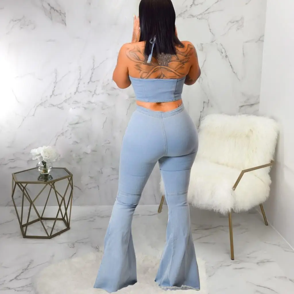 Women Two Piece Pants Set Streetwear Halter Neck Crop Top Flare Jeans Denim Suit Tracksuit Outfits |