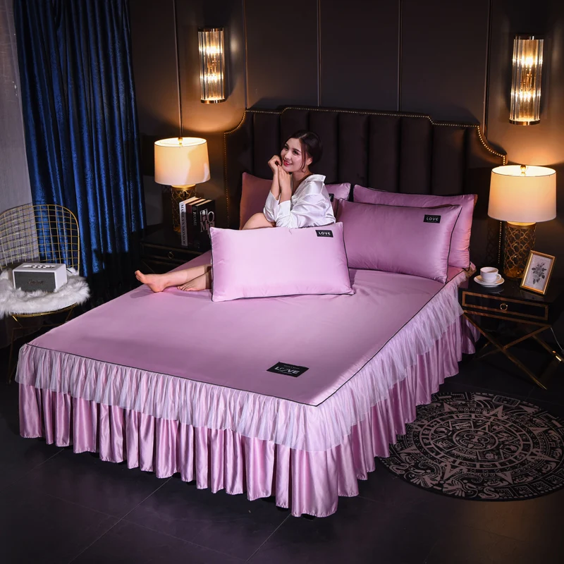 light purple Unique Double lace design print bed cover With Fixing strap and pillowcase bedspread for bed for Home/hotel Decoration 10 color - Color: light purple