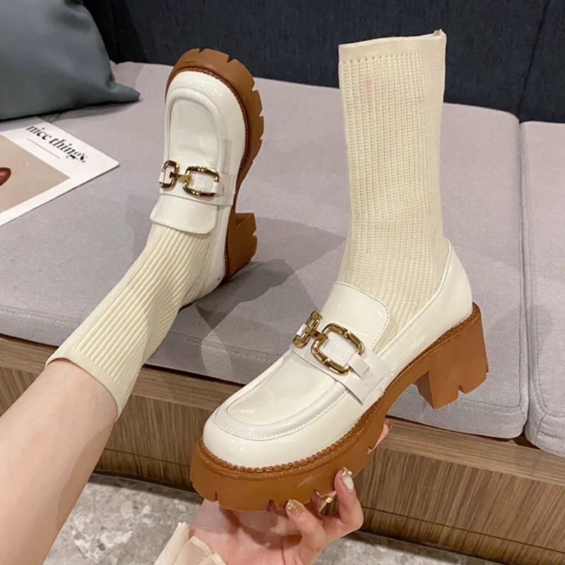 

Women Boots Slip on Ladies Shoes Brand Design High Heels Women Ankle Boots 2021 Pu Leather Fashion Platform Knitted Socks Boots