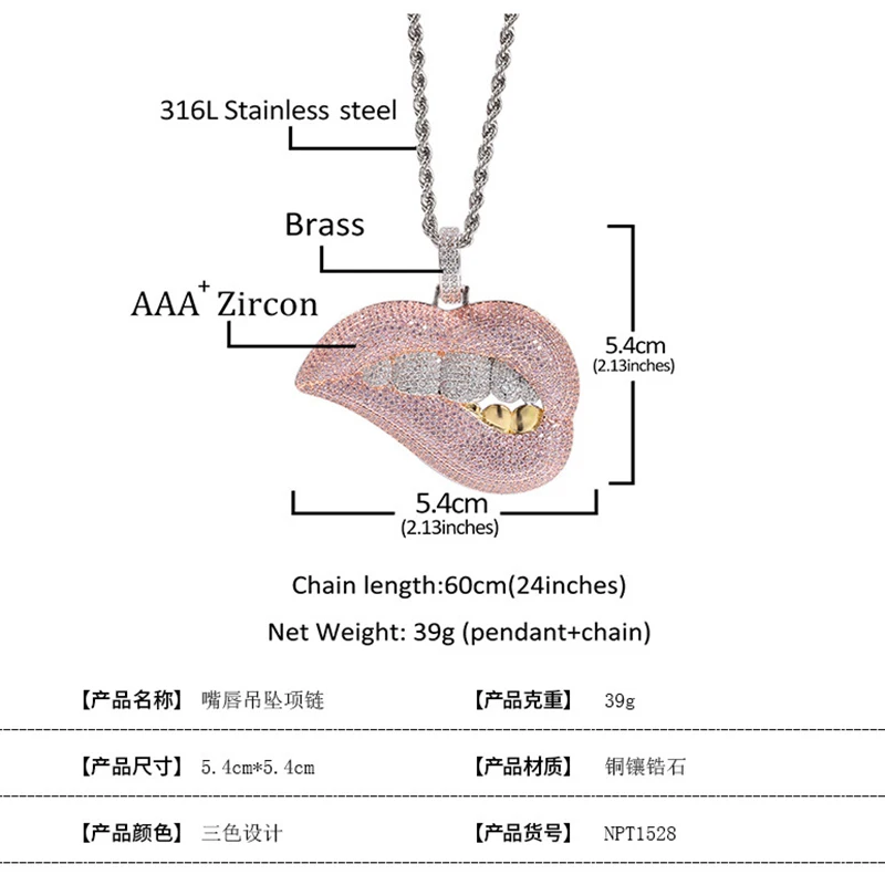 

Hip Hop High-Quality Rose Gold Color AAA+ Cubic Zircon Stone Sexy Lips Pendants Bling Long Link Chain Necklace for Women Men