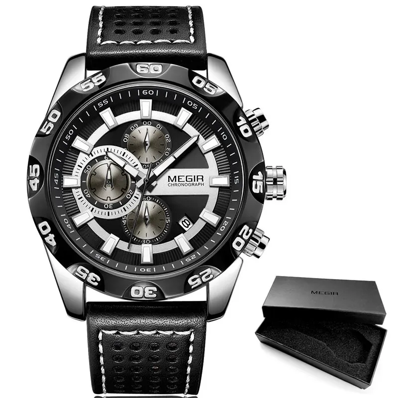 ML2096G-Black Megir кожаный ремешок Спортивные кварцевые наручные мужские часы с хронографом военные лучшие брендовые Роскошные наручные часы для мужчин Relogios 2096 г Золотой синий - Цвет: ML2096G-Black