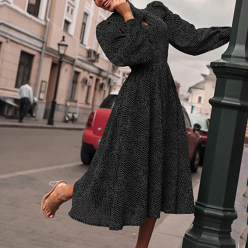 

Autumn Vintage black retro dress for women 2020 New Bow tie Collar Women's Long Sleeve Polka Dot Dress vestidos women clothing