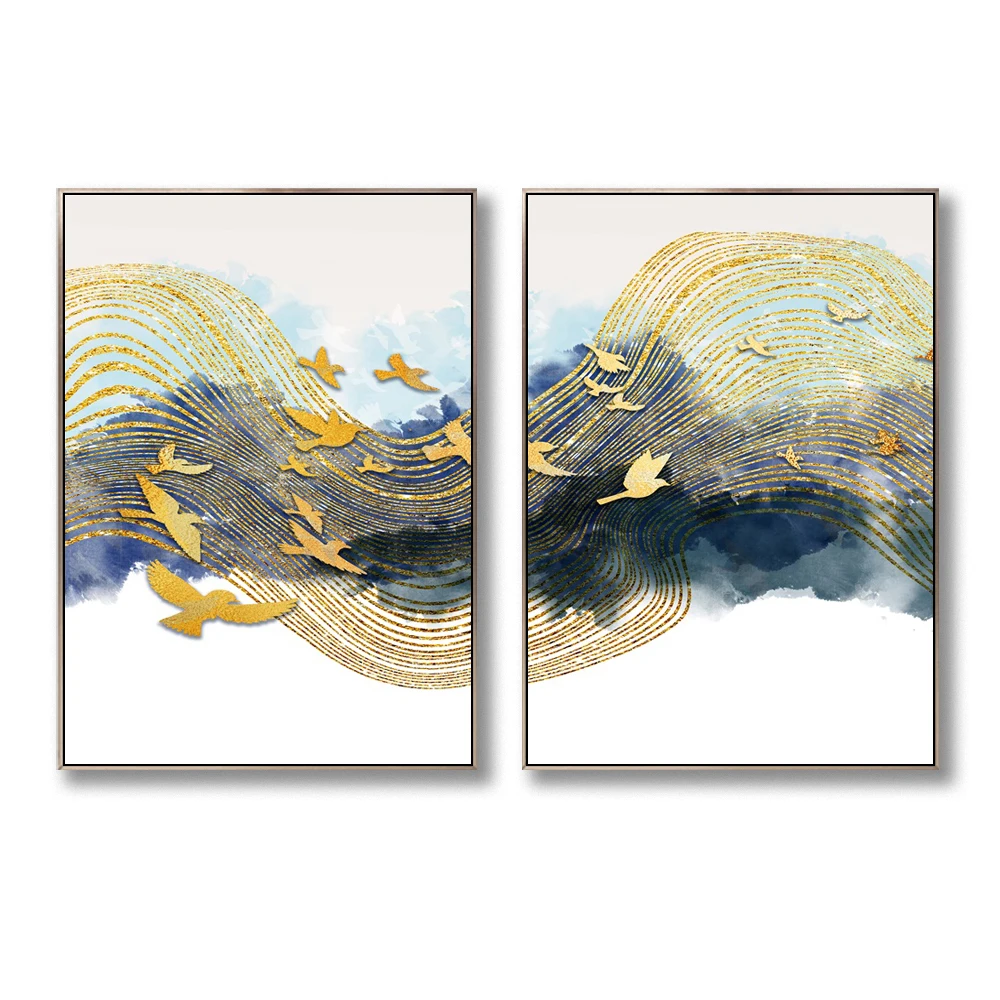 Золотистая Синяя абстрактная Настенная картина фотокартина для гостиной