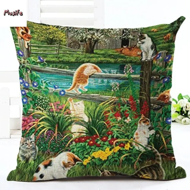 

Rural Style Cartoon Cat Cushion Cover, Cotton and Linen Pillowcase, Printed Cat, for Bedroom Hotel, Bedroom Car Seat Decoration.