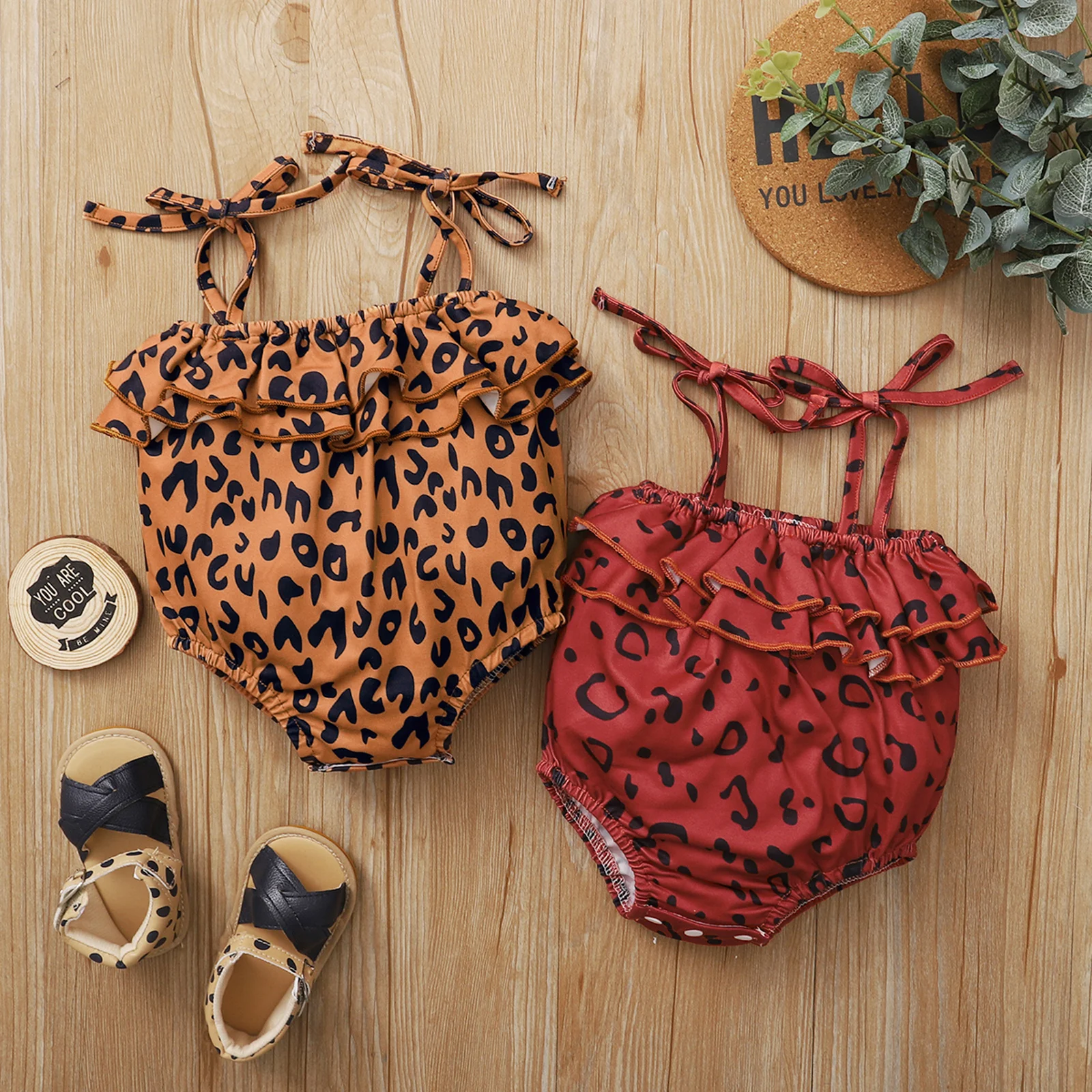 

Baby Girl's Cute Leopard Print Sleeveless Lace Up Sling Bodysuit One-piece Suit for Birthday Party Photography 0-12M