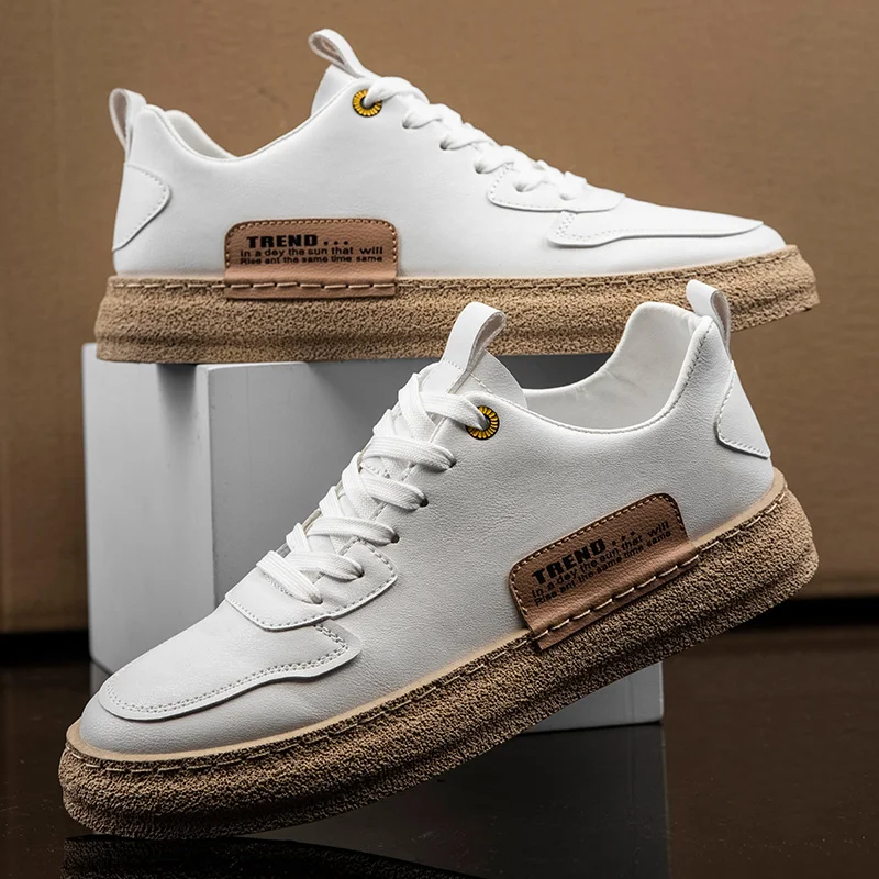 

PUPUDA Men Vulcanized Shoes Leather Men Shoes Sneakers Trend White Casual Shoe Italian Breathable Leisure Male Sneakers 2021