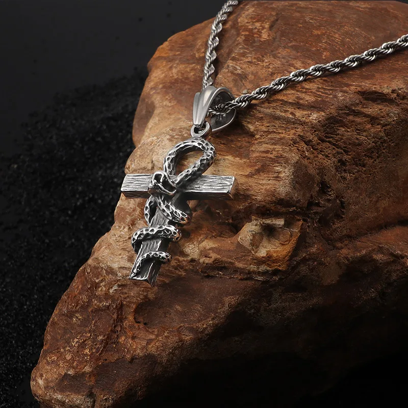 Vintage Snake Ankh Cross Necklace Pendant Mens Women Punk Gothic Chain Necklace Fashion Stainless Steel Jewelry Dropshipping