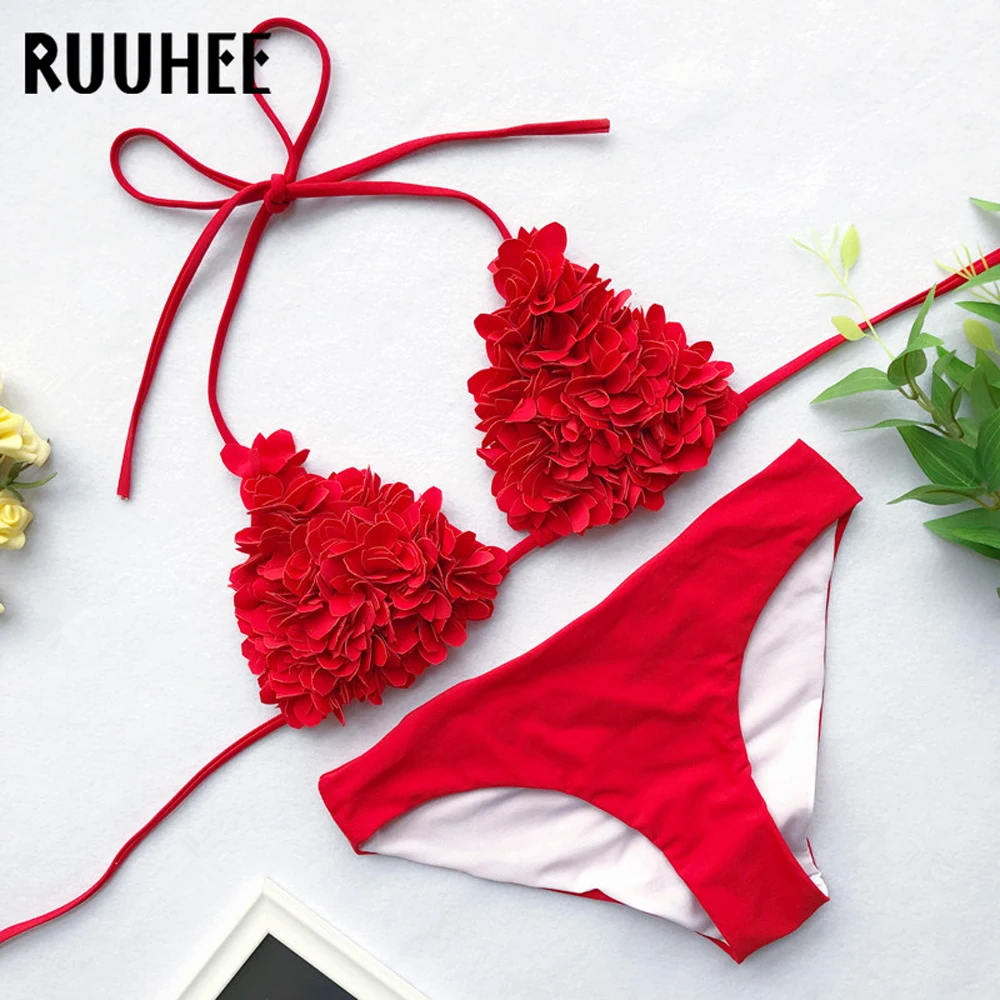 B3950RE RUUHEE, бикини, купальник, женский, 3D, Цветочный, сексуальный, бикини, набор, купальник, пуш-ап, пляжная одежда, Maillot De Bain Femme Biquini - Цвет: B3950RE