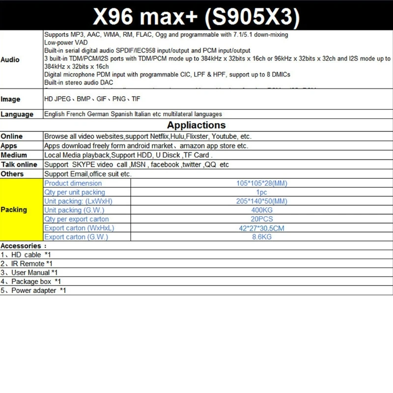 Приставка Смарт-ТВ и roid 9 0 X96 Max Plus 4 Гб 64 Amlogic S905X3 четырехъядерный плеер |