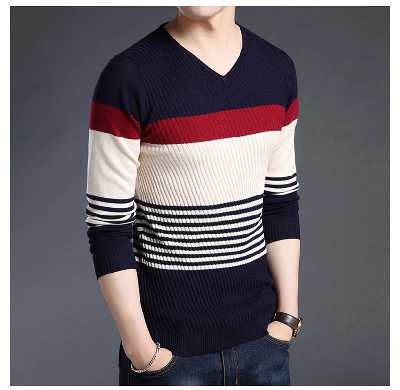 Свитера толстый теплый пуловер для мужчин повседневный полосатый свитер с