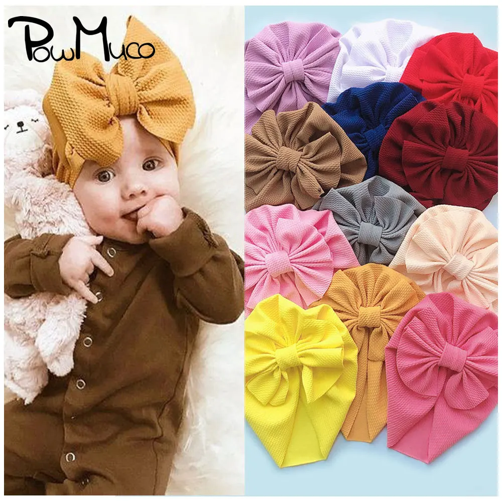 

Powmuco 19*19 CM Solid Color Infant Turban Fashion Handmade Bowknot Baby Girls Hats Newborn Beanie Caps Children Bows Headwear