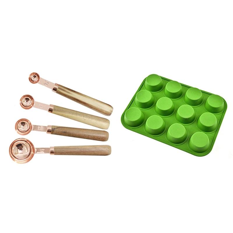 

4PC Measuring Cups Spoons Set With 1PC Silicone Muffin Cup 12-Cavity Temperature Resistant Cake Mould