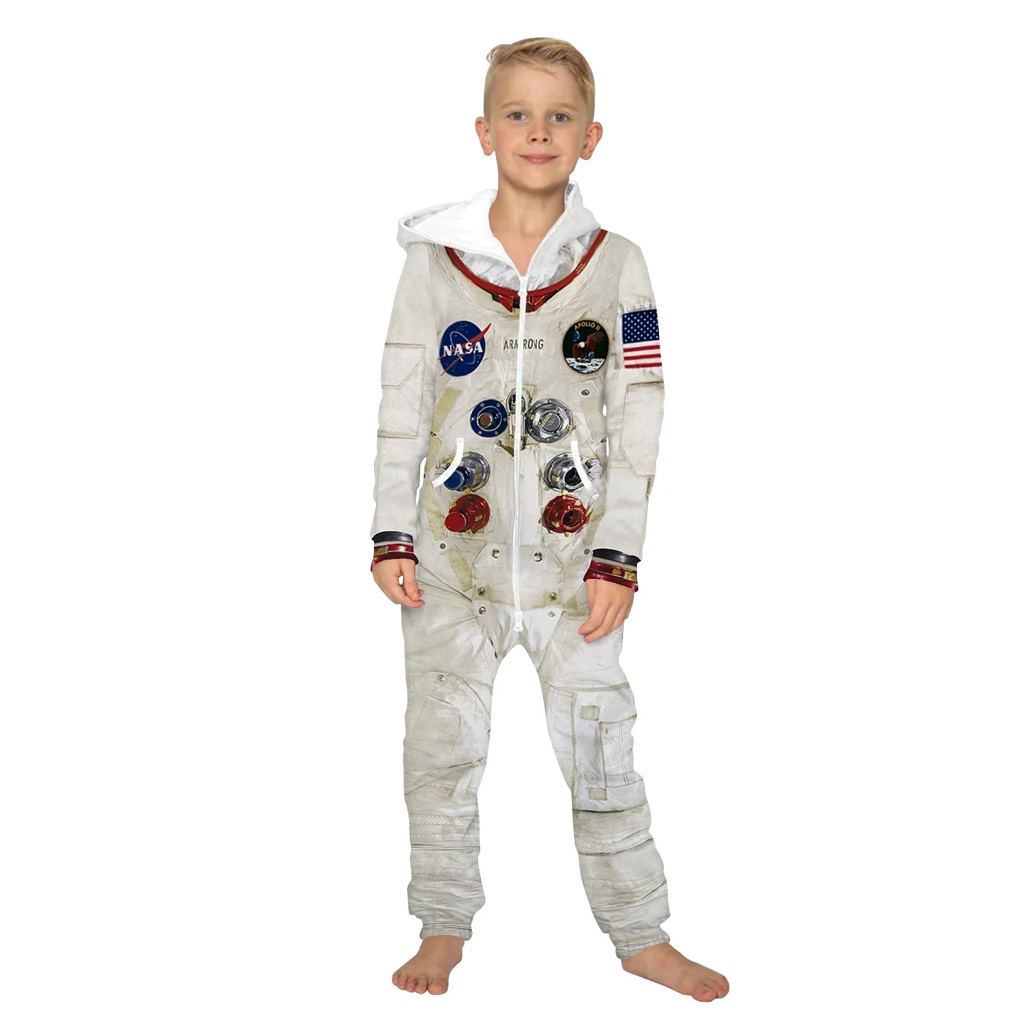 

Boys Girls Velvet Long Sleeves Astronaut 3D Printed Zipper Hooded Jumpsuit Halloween Cosplay Costumes Pajamas Kids Party Outfit