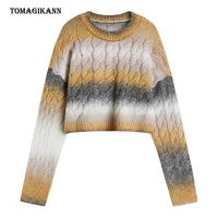 tie dye short sweater for women o neck long sleeve gradient colors knitted pullovers 2021 autumn winter tops female clothing