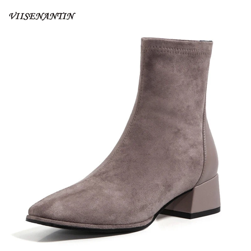 

Осенне-зимние новые замшевые короткие сапоги с квадратным носком женские модные Универсальные эластичные сапоги на толстом каблуке темпер...