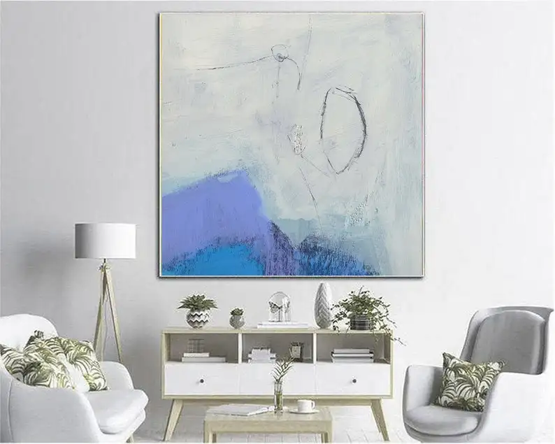 Goedkoop Grote Witte Art Olieverf Abstract Blue Art Moderne Kunstwerk Abstract Schilderen Hedendaagse Muurschildering Voor Woonkamer