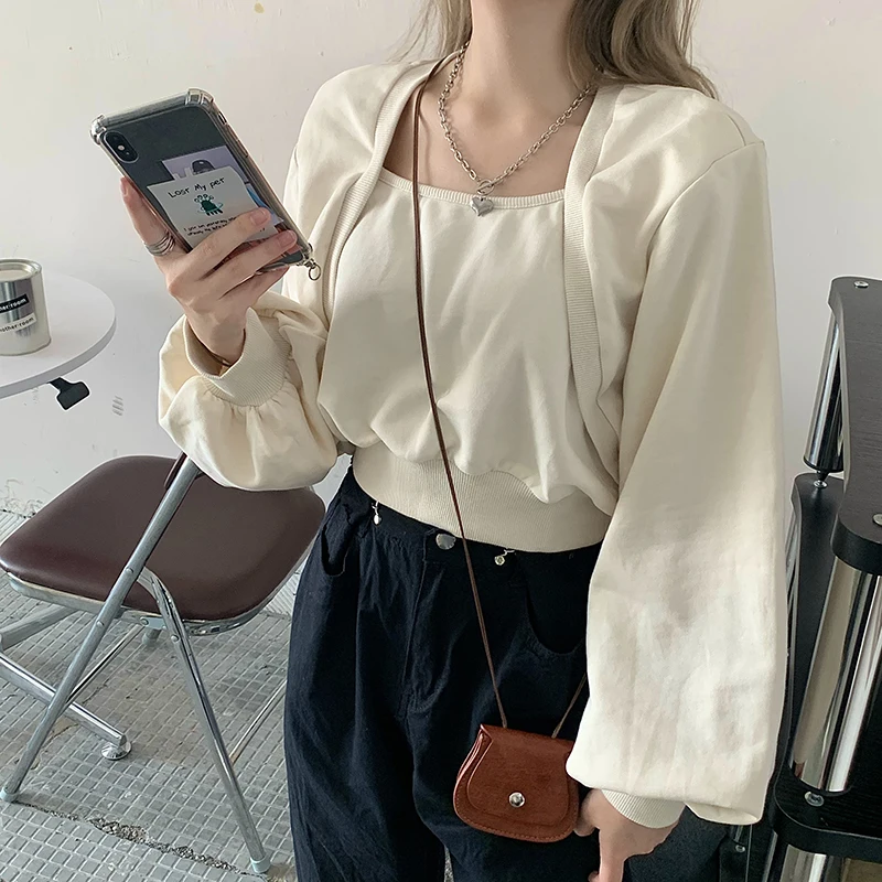 

2020 для женщин Осень Свободные Короткая худи квадратный воротник поддельные из двух частей с длинными рукавами кофты универсальные Женский ...