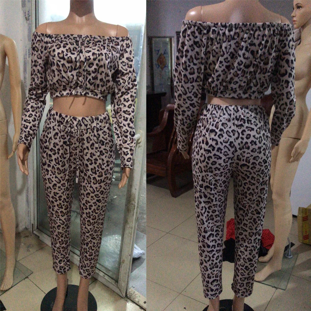

Women Leopard Print Sportswear Off Shoulder Long Sleeve Tank Tops Pants Trousers Two Piece Set Outfits Clothes S-XL