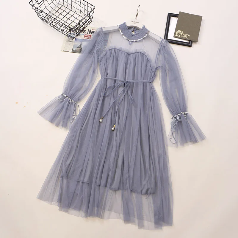 

Женское платье на бретелях, однотонное Плиссированное Сетчатое платье миди с круглым вырезом, расклешенными рукавами, жемчужными бусинами ...