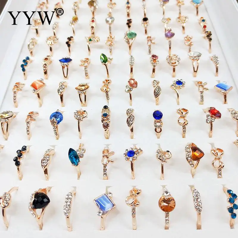 

100pcs/Box Multicolor Resin Stone Fashion Rings For Women Men Fashion Jewelry Gold Color Rhinestone Crystal Finger Ring Sets