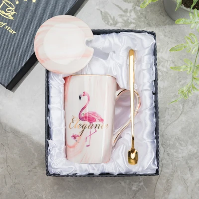 Gift box Простая парная чашка и кружка с фламинго, Подарочная коробка, керамическая кофейная кружка с мраморным узором, домашняя посуда для напитков, подарок для влюбленных, свадебный подарок, Caneca - Цвет: Gift box