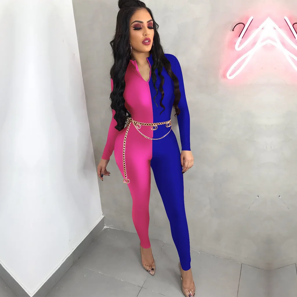 

ANJAMANOR Front Zipper Long Sleeve Bodycon Jumpsuit Women Neon Color Black Sexy One Piece Clubwear Outfits Fall Winter D41-AD63