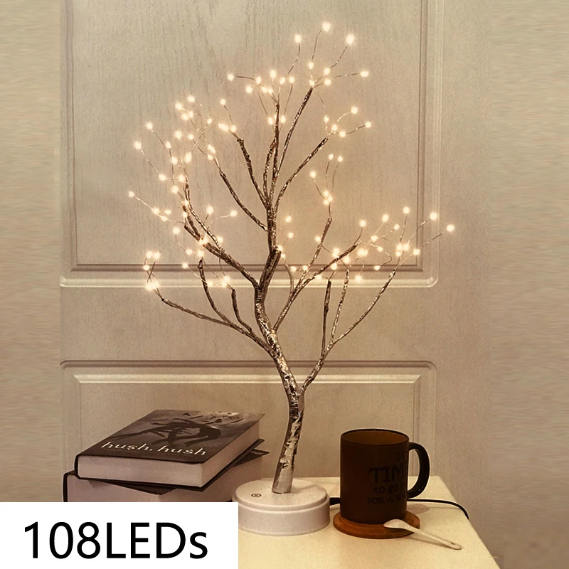 108LEDs Светодиодный медный провод дерево форма ночь с сенсорным датчиком переключатель украшения батареи USB светодиодный настольный ламповый светильник - Испускаемый цвет: 108LEDs