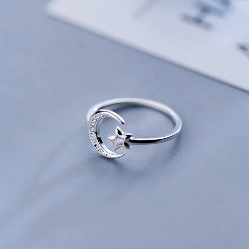 

925 Sterling Silver Simple Zircon Moon Star Opening Ring For Women Girls Party Fine Jewelry 2021 jz476