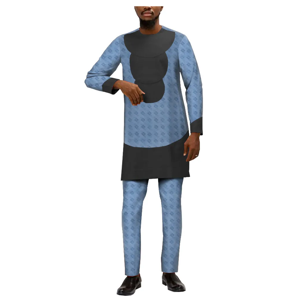 Africa print cotton suit for men bazin rich full sleeves side slit top+ slim pants men's casual T1916009 | Мужская одежда