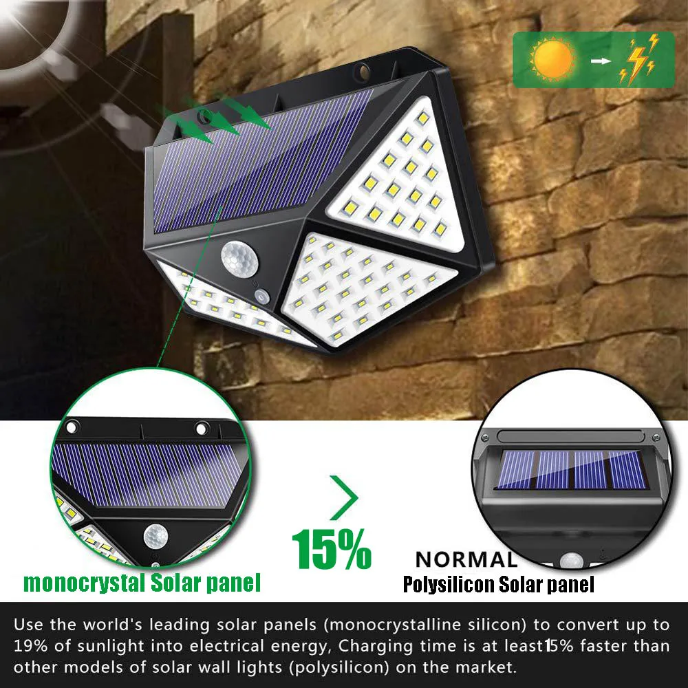A2 solar lamp lantern 100/114 LED light 4-side 2400mA PIR motion sener Garden outdoor Patio Yard Wall Driveway Fence