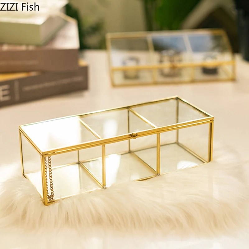 

3 GRID TRANSPARENT GLASS STORAGE BOX MINIMALIST JEWELRY COSMETIC STORAGE BOX HOME DESKTOP STORAGE TOOL