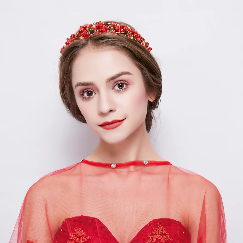 Красная тиара из горного хрусталя корона имитация жемчуга повязка на голову